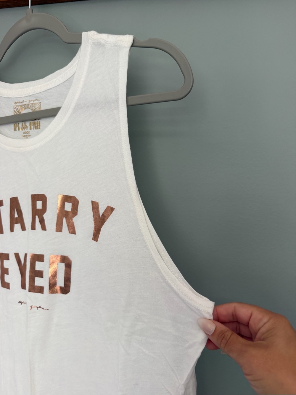 Spiritual Gangster "Starry Eyed" White Rose Gold Graphic Muscle Tank Top - Picture 8 of 15